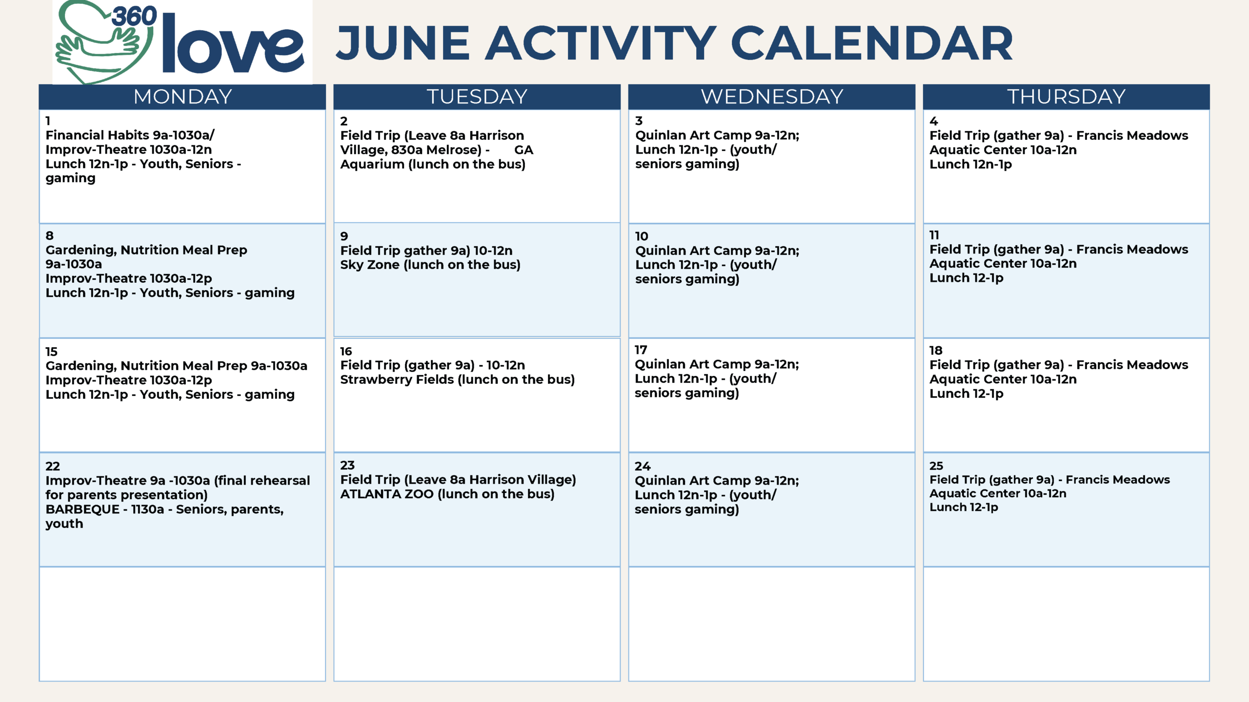 360 Love Summer Camp Calendar June 2026